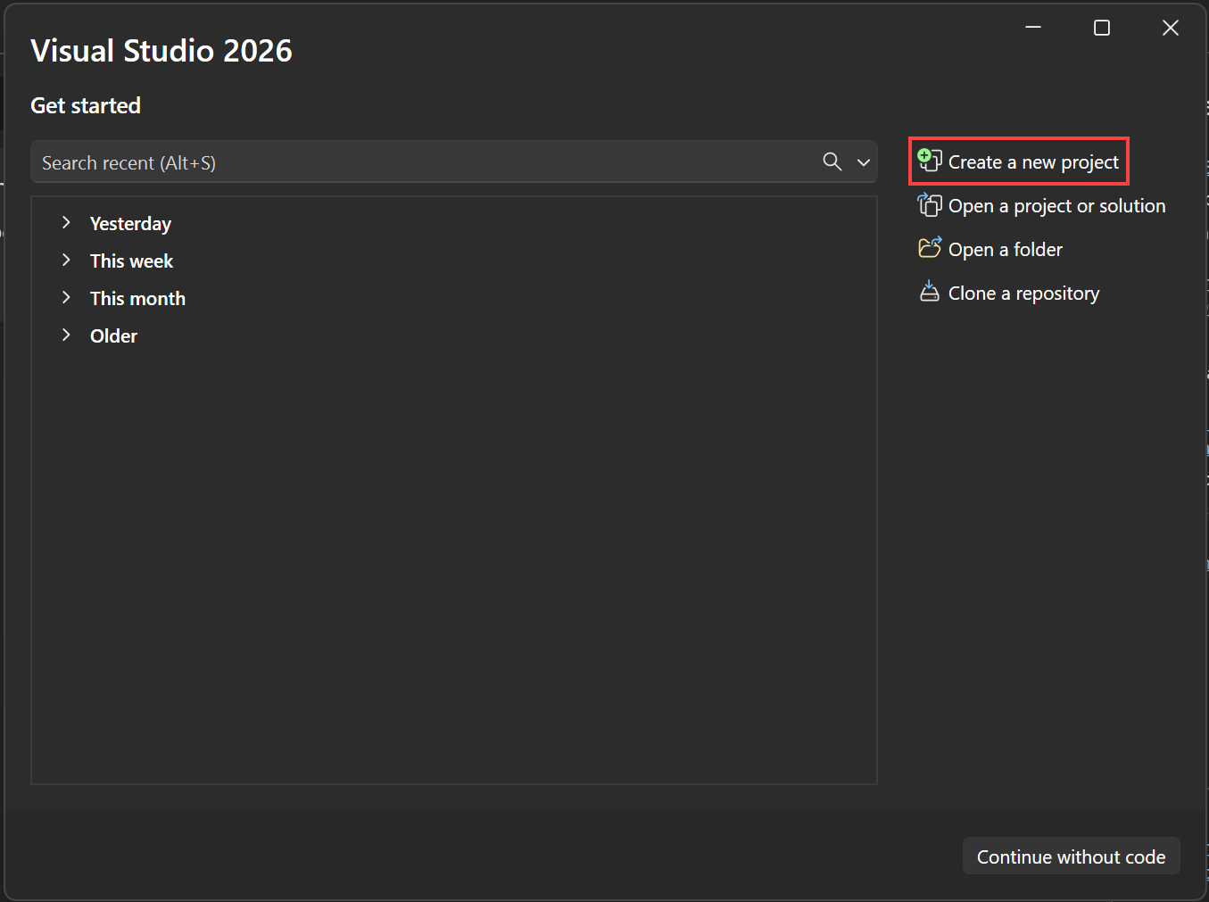 Screenshot that shows the Visual Studio start window with Create a new project selected.
