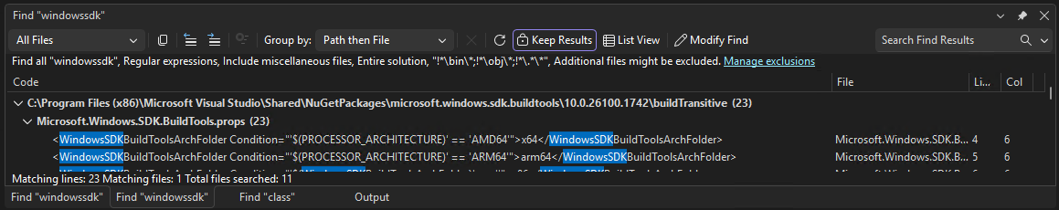 Screenshot of the Search Results window with three search results as tabs showing.