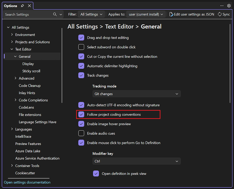 Screenshot that shows the setting for Follow project coding conventions.
