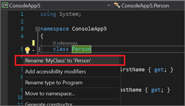 Screenshot of Rename in the editor.
