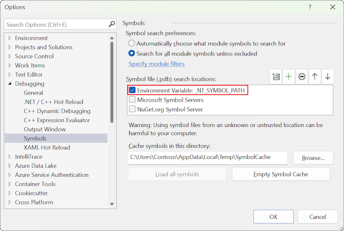Screenshot that shows the Tools, Options, Debugging, Symbol loading options.