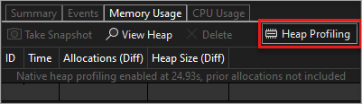 Screenshot of the Memory Usage toolbar with the Heap Profiling button highlighted to enable snapshots for native or mixed-mode apps.