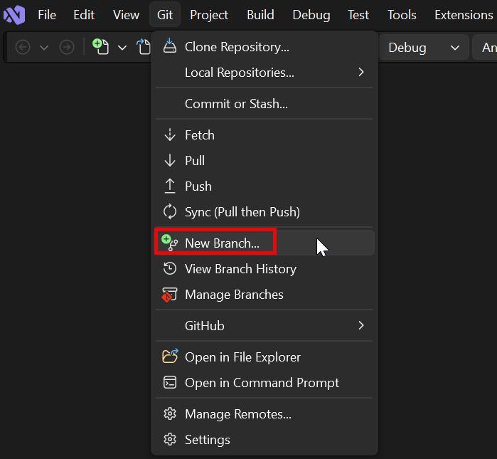 Screenshot of the New Branch option in the Git menu.