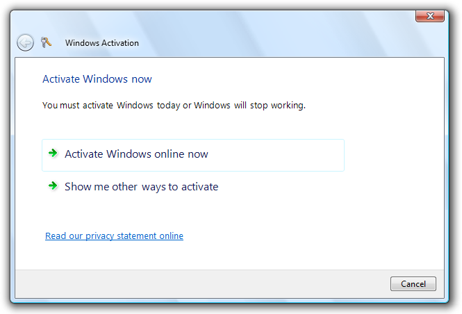 screen shot of windows activation options
