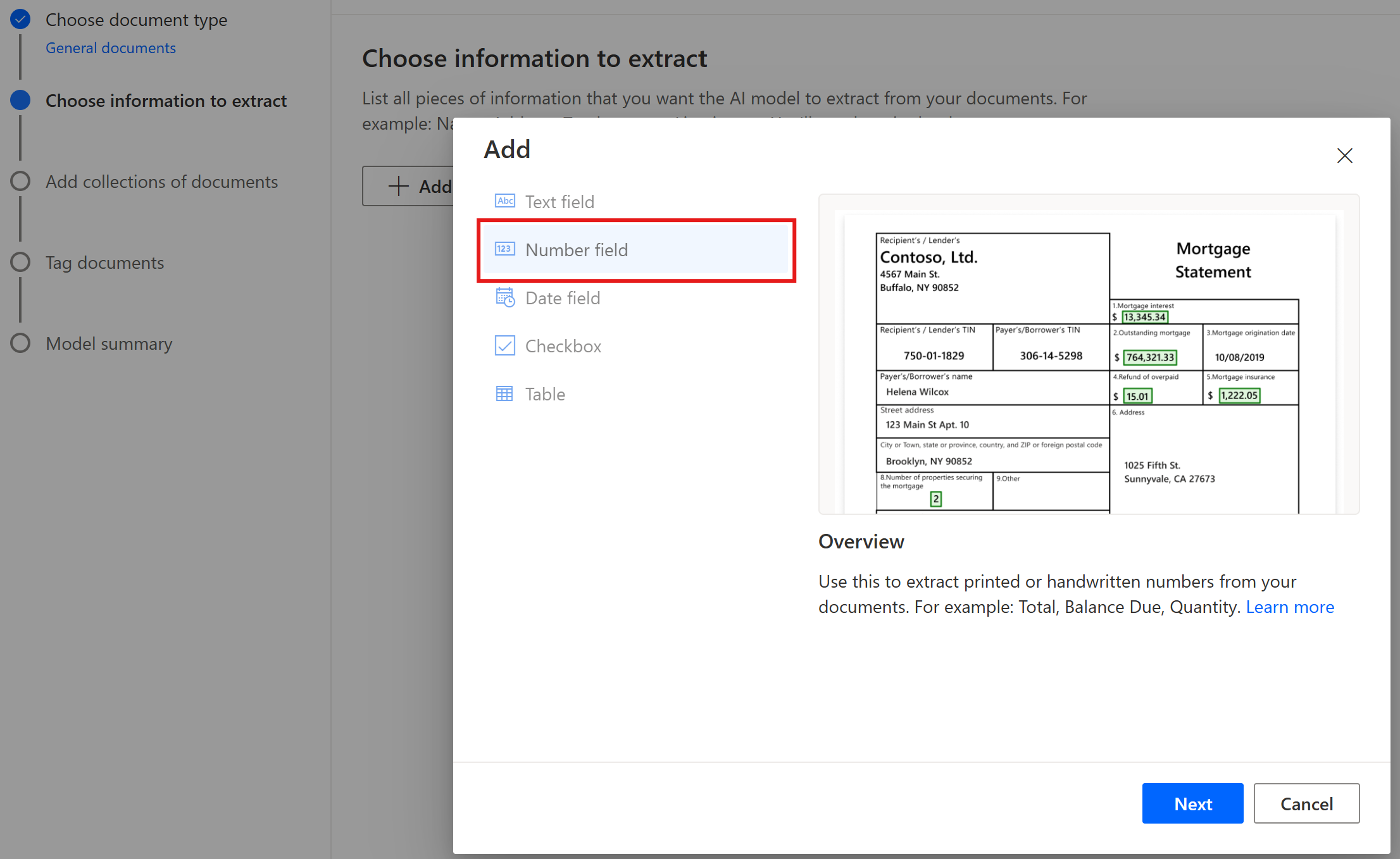 Screenshot of the 'Number field' in the 'Overview'.