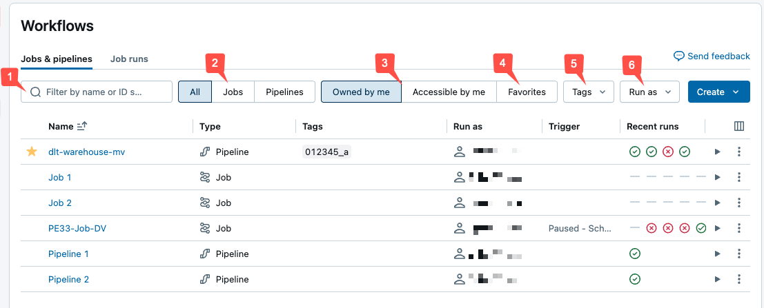 Jobs list view with callouts.