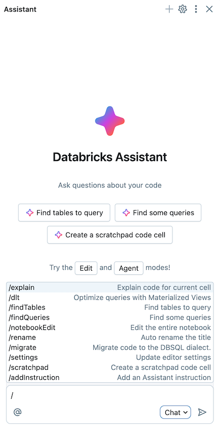 The Assistant pane with a slash prompt.