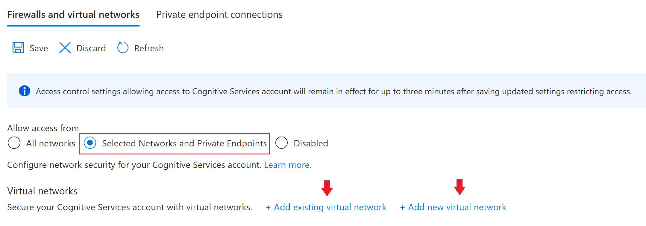 Screenshot of the firewalls and virtual network page in the Azure portal.