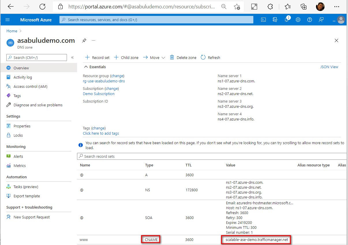 Screenshot of configuring CNAME record on DNS.