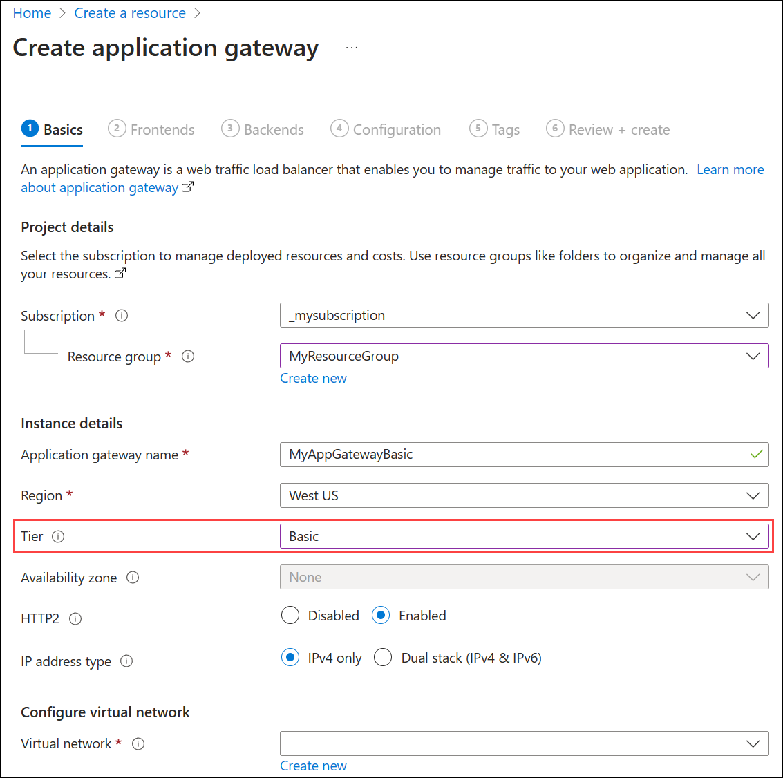 A screenshot of creating a new application gateway: Basics tab.