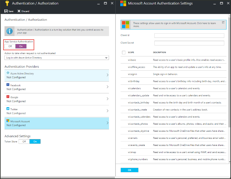 Screenshot that shows how to configure authentication for a function app.