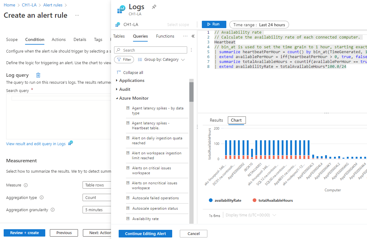 Screenshot that shows the Query pane when creating a new log search alert rule.