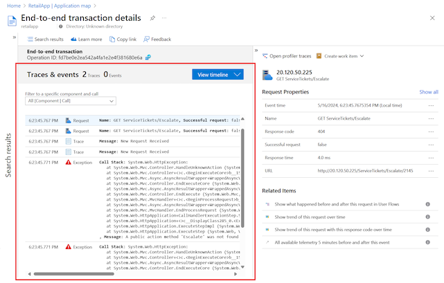 Screenshot that shows the All traces and events view for a selected component.