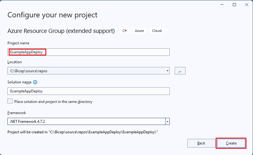 Screenshot of the project naming window in Visual Studio.