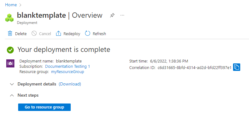 Screenshot of Azure portal showing the deployment summary for the blanktemplate deployment.