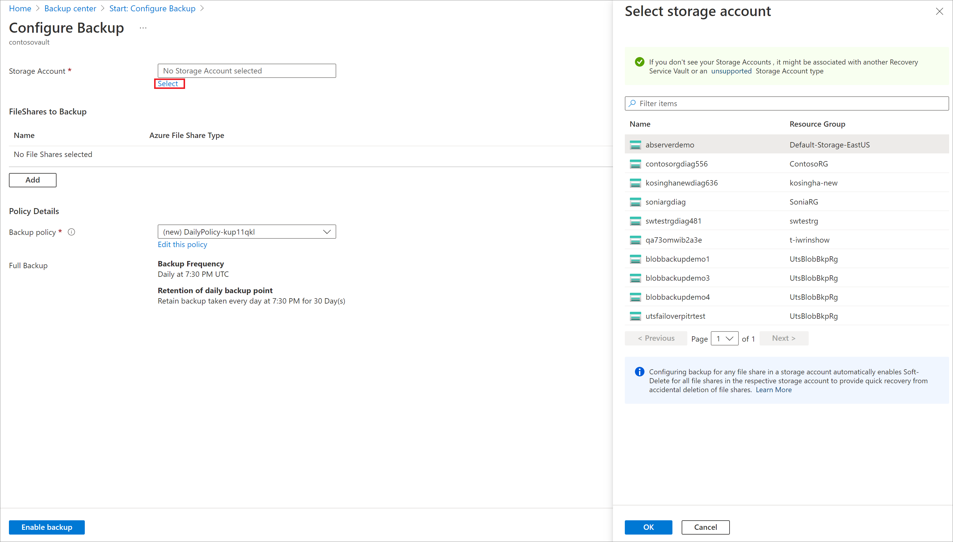 Screenshot showing to select a storage account.