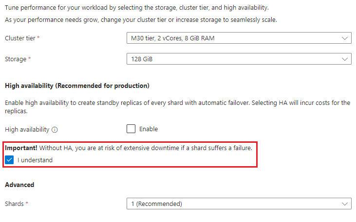 Screenshot of cluster tier and scale options for a cluster.