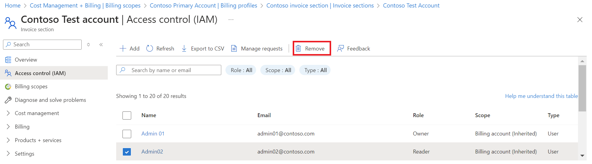 Screenshot that shows removing an admin from a billing account.