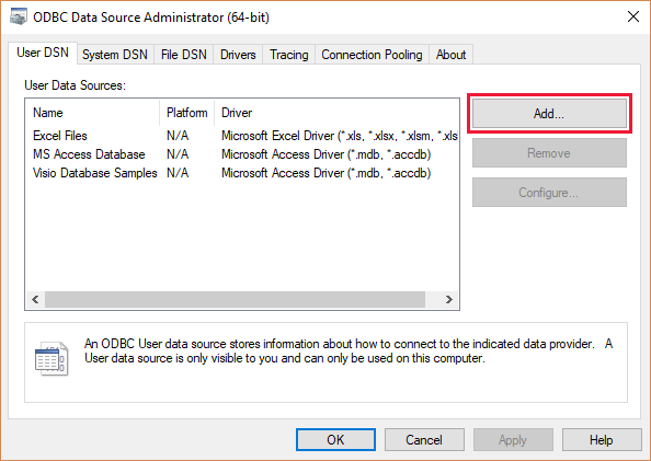 Screenshot of the ODBC Data Sources dialog showing the Add Data Source option and fields for creating a new DSN.