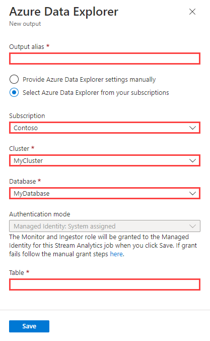 Screenshot of New output dialog box, showing required information.