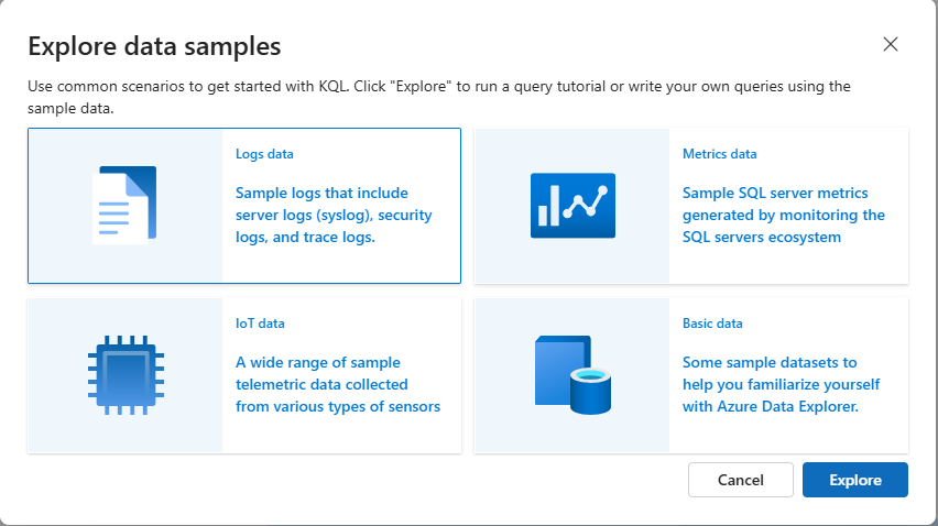 Screenshot of Explore data samples dialog box showing sample database options.