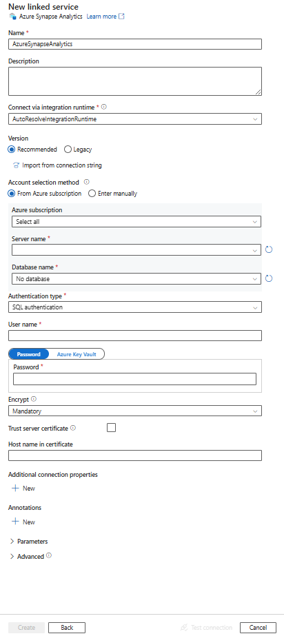 Screenshot of configuration for an Azure Synapse Analytics linked service.