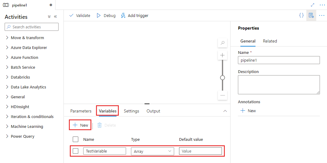 Screenshot of an empty pipeline canvas with the Variables tab selected with an array type variable named TestVariable.