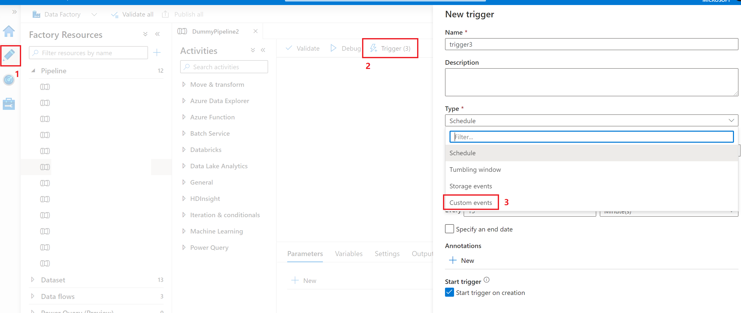 Screenshot of Author page to create a new custom event trigger in Data Factory UI.