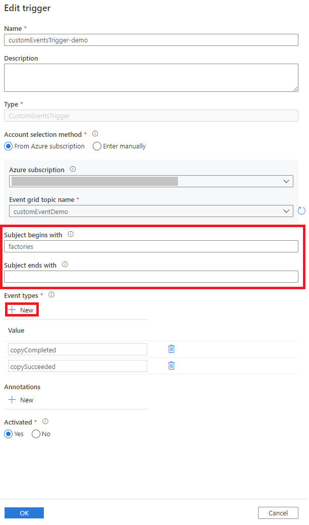 Screenshot of Edit Trigger page to explain Event Types and Subject filtering in Data Factory UI.