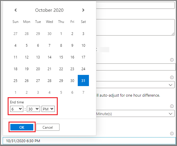 Screenshot that shows trigger settings for the end date and time.