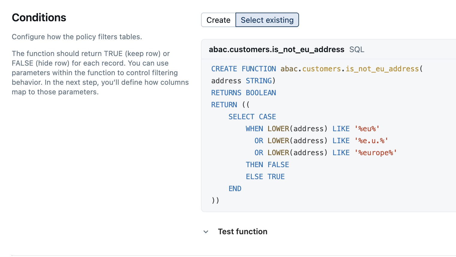 Example ABAC row filter policy settings for the Conditions section.