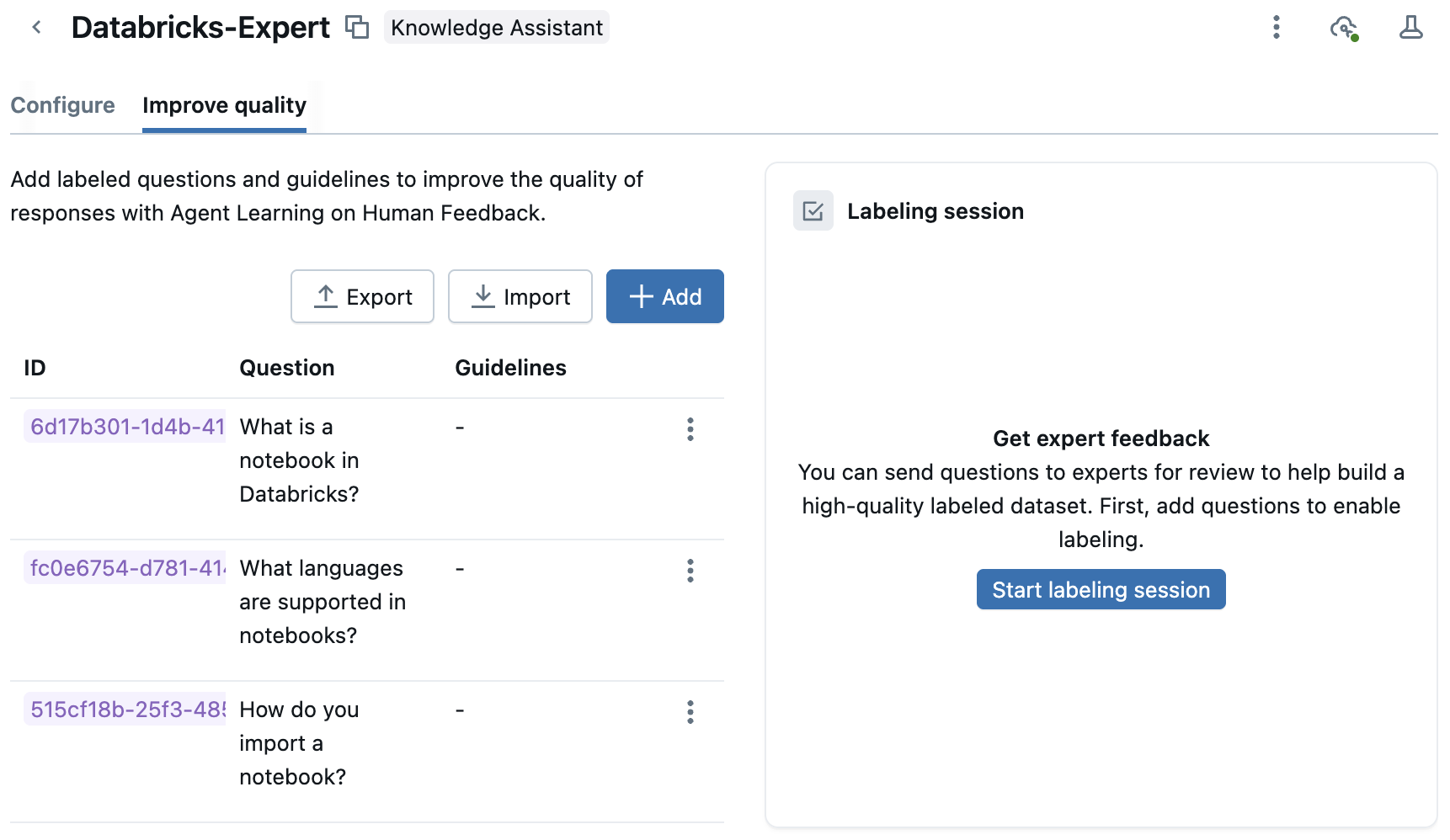 Add questions for labeling session.
