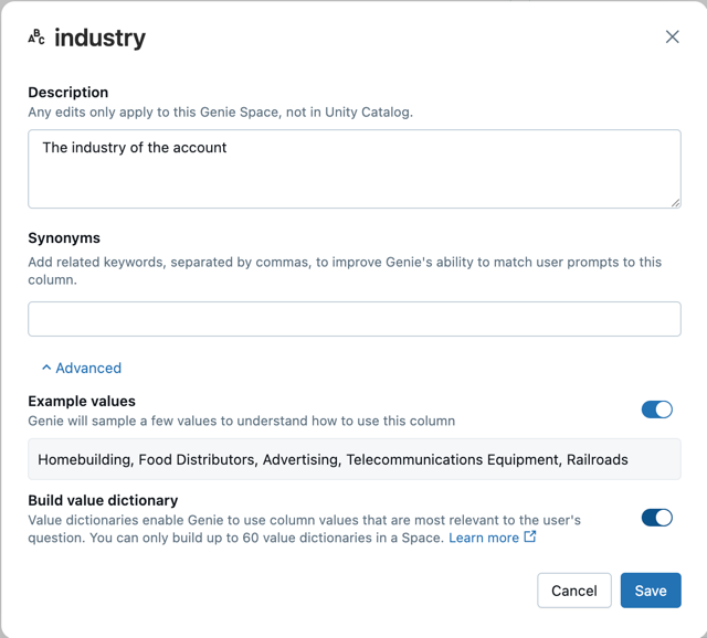 A string column with the value dictionary button on the right.