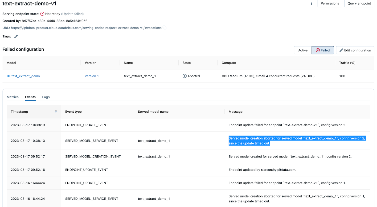 Model Serving Endpoint Events Tab