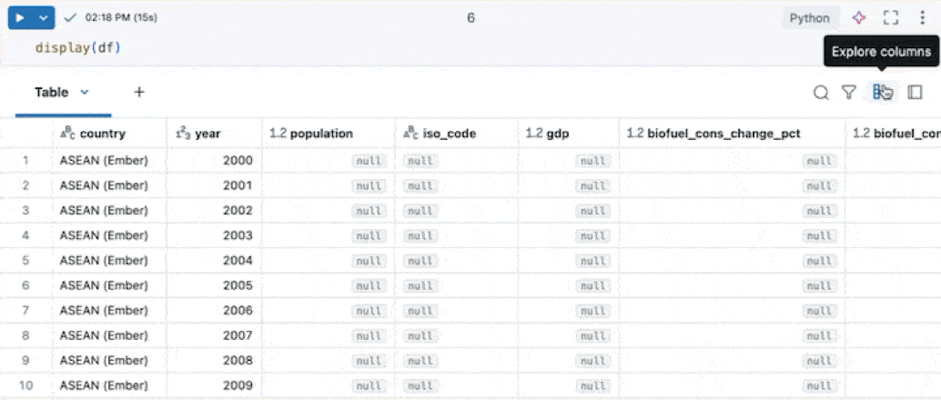 Use the column explorer to search, show or hide, pin, and rearrange columns.