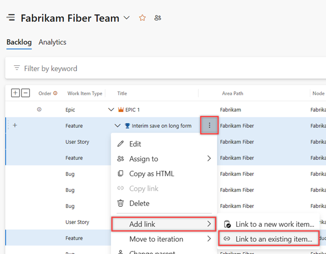 Screenshot of backlog context menu, Multi-select items in backlog, open context menu, choose Add link to an existing work item.