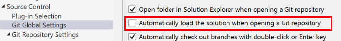 Screenshot showing the checkbox to automatically load the solution when opening a Git repository in the Options dialog box.