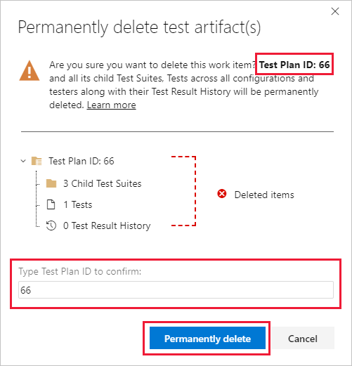 Screenshot shows permanently delete test artifacts dialog box.