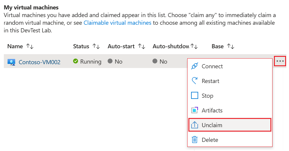 Screenshot that shows how to unclaim a VM in the My virtual machines list.