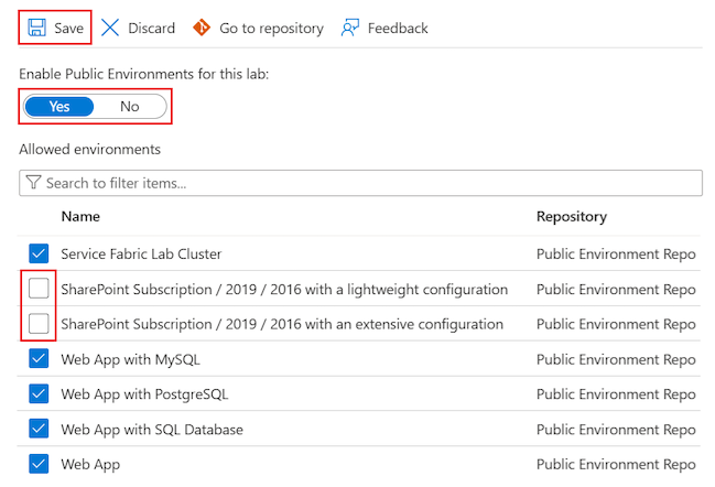 Screenshot that shows how to deselect public environment repositories for a lab to disable access for users.
