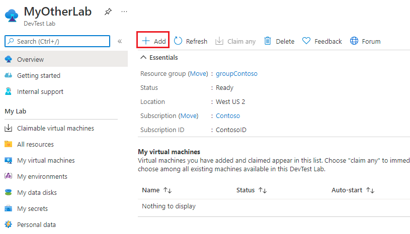 Screenshot of a lab Overview page with Add highlighted.