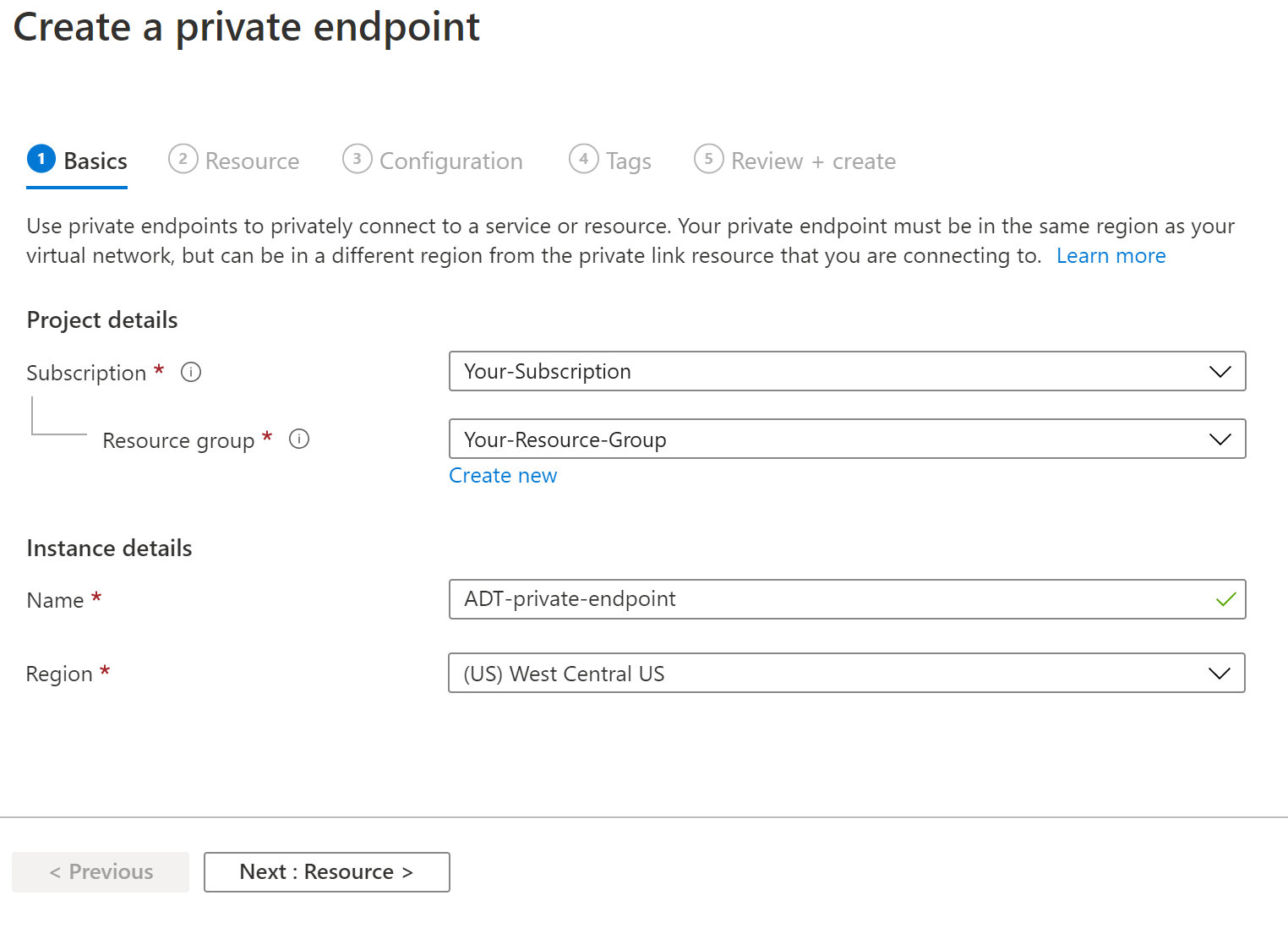 Screenshot of the Azure portal showing the first (Basics) tab of the Create a private endpoint dialog. It contains the fields described above.