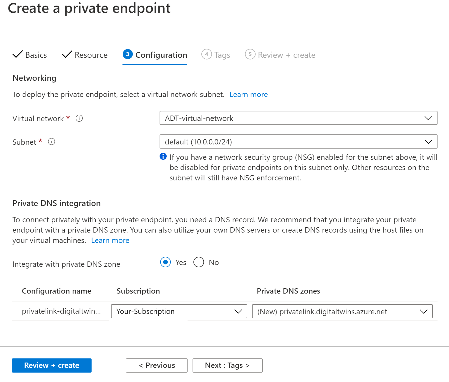 Screenshot of the Azure portal showing the third (Configuration) tab of the Create a private endpoint dialog. It contains the fields described above.