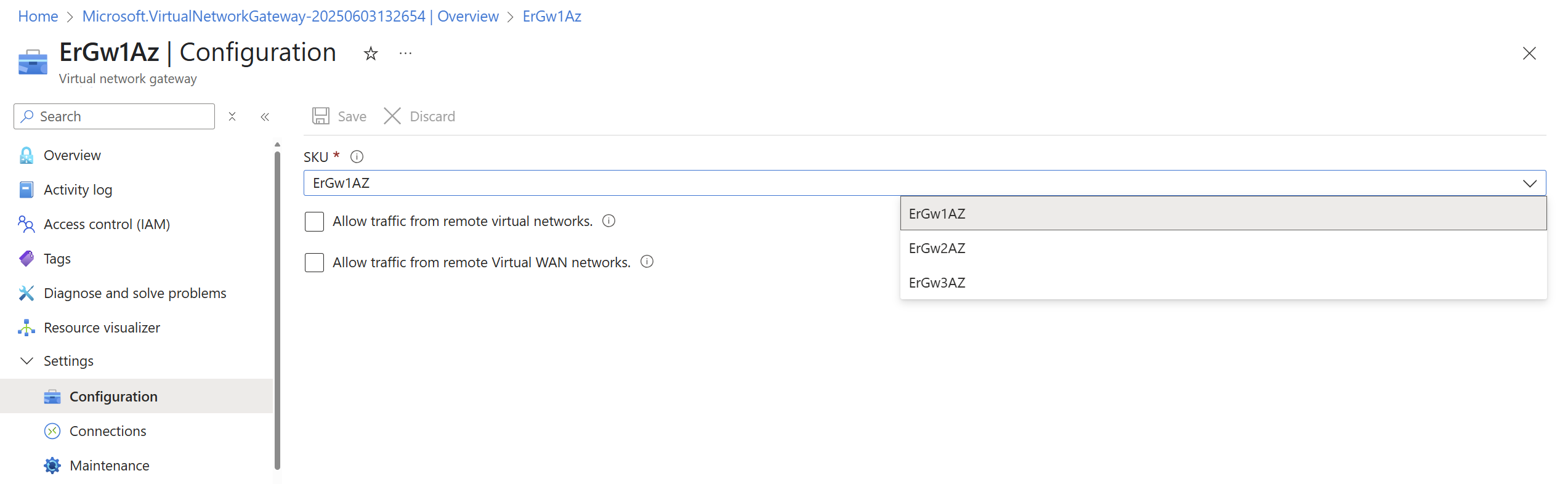 Screenshot showing the Configuration page for upgrading availability zone-enabled gateway SKUs.