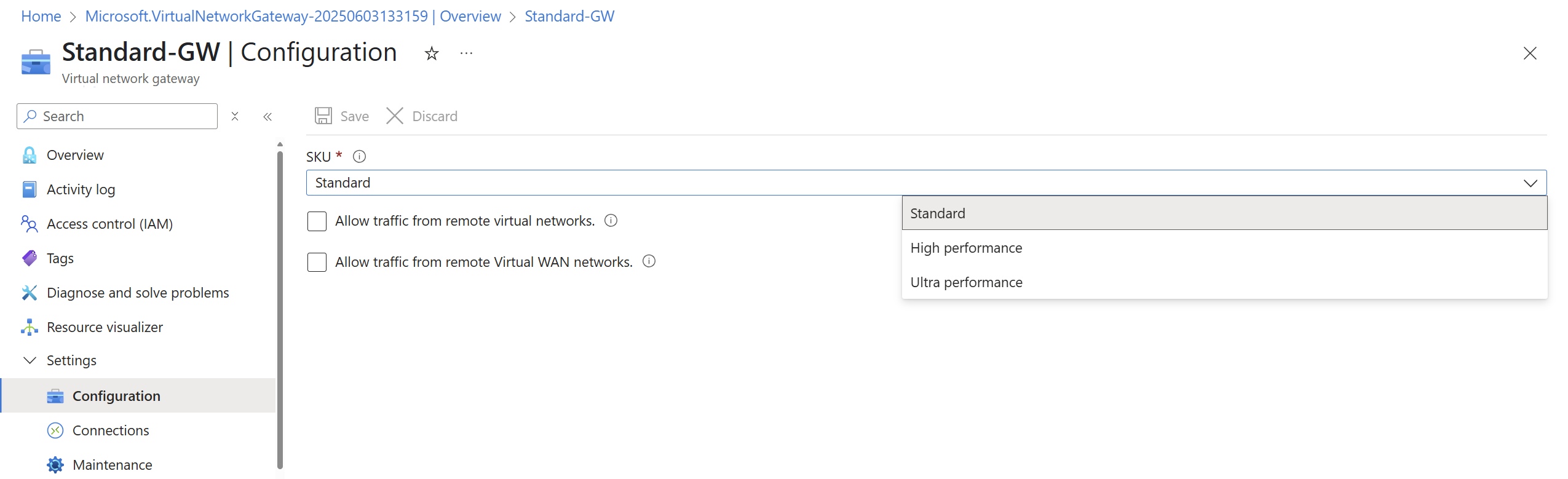 Screenshot showing the Configuration page for upgrading non-availability zone gateway SKUs.