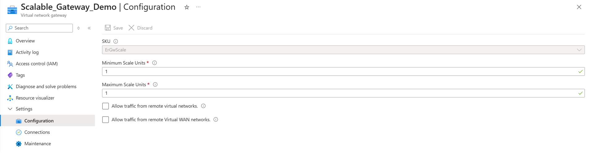 Screenshot of the Configuration page showing Minimum Scale Units and Maximum Scale Units fields.