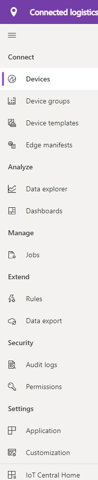 Screenshot that shows the IoT Central left navigation pane.