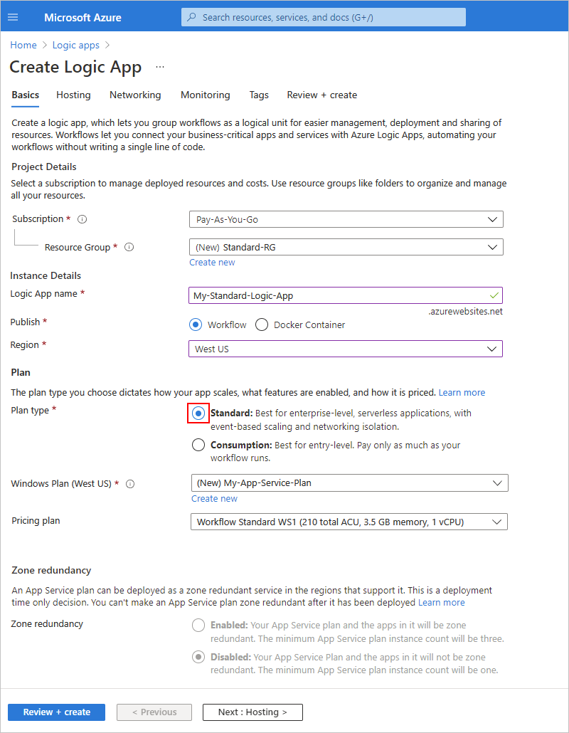 Screenshot showing Azure portal and page named Create Logic App.