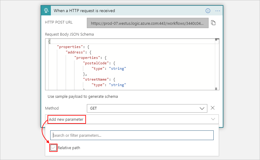 Screenshot shows Consumption workflow, Request trigger, and added property named Relative path.