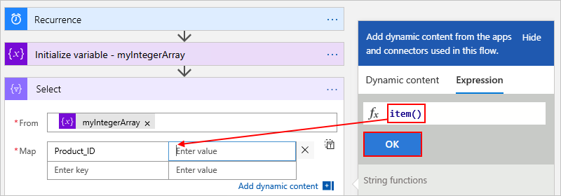 Screenshot showing the designer for a Consumption workflow, the "Select" action, and the JSON object property and values to create the JSON object array.